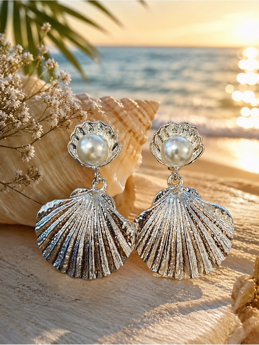Silver Shell Drop Earrings with Pearl Accent
